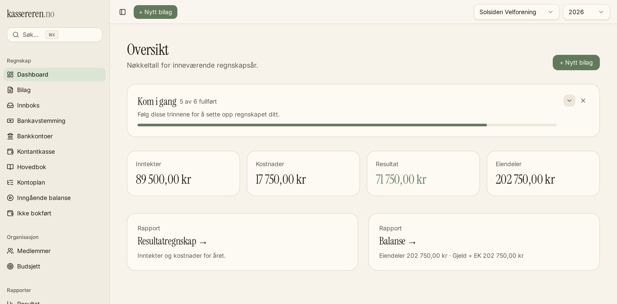 Dashboardet i kassereren.no med nøkkeltall