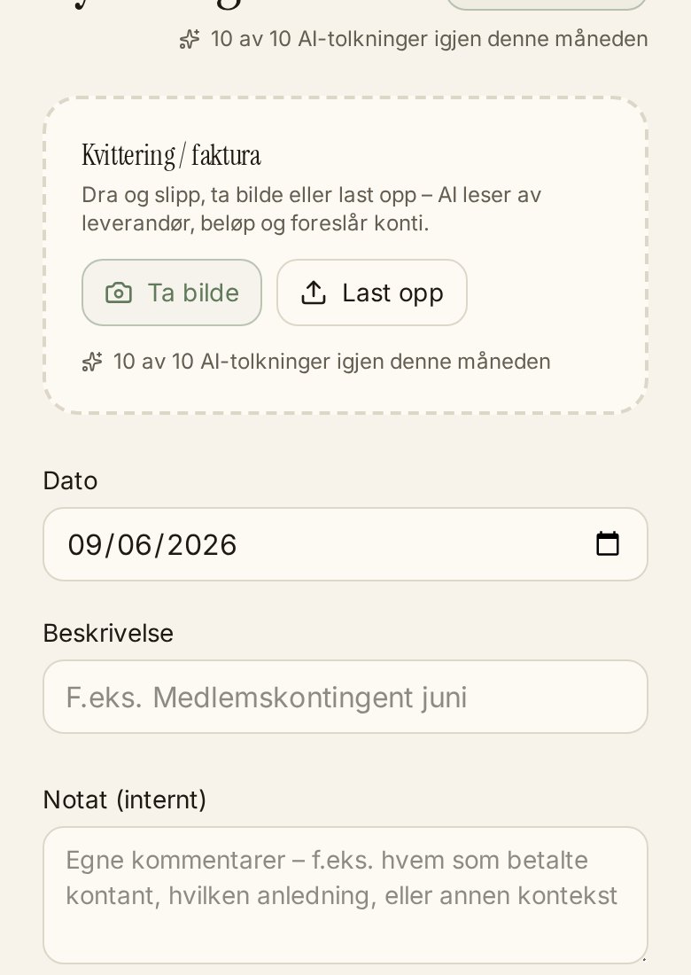 Skjema for nytt bilag med AI-forslag til kontering